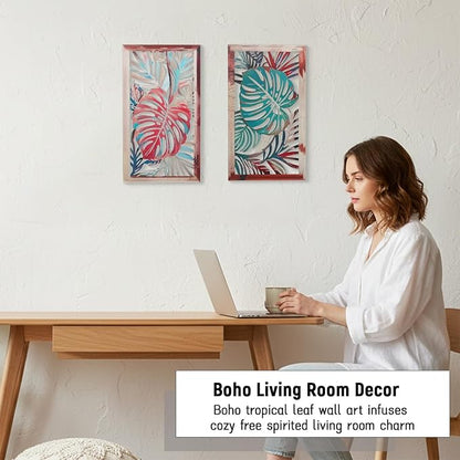 2 Pack Metal Leaf Boho Wall Decor, 3D Metal Leaf Tropical Wall Decor, Tropical Palm Leaves Boho Wall Art, Modern Wall Art, Bohemian Room Decoration for Living Room, Bedroom and Bathroom, Housewarming Gift