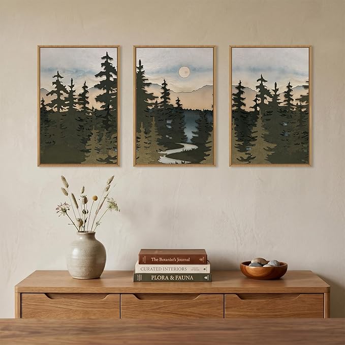 HPNIUB Woodcut Style Mountain Framed Wall Art Set,Vintage Pine Tree Wall Decor,Boho Sunset Nature Art Print,Wilderness Forest Artwork for Living Room, Bedroom,Dining Room,Office-24 x36 x3