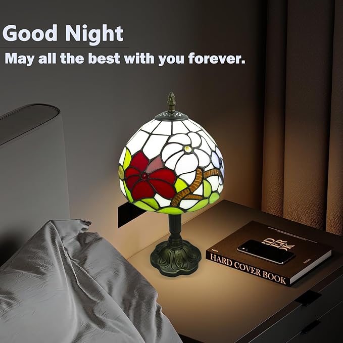 Tiffany Style Table Lamp, 3 Color Temperatures Bedside Lamp, 8 Inch Stained Glass Desk Light for Home Office Bedroom Living Room (Three Flower Pattern)