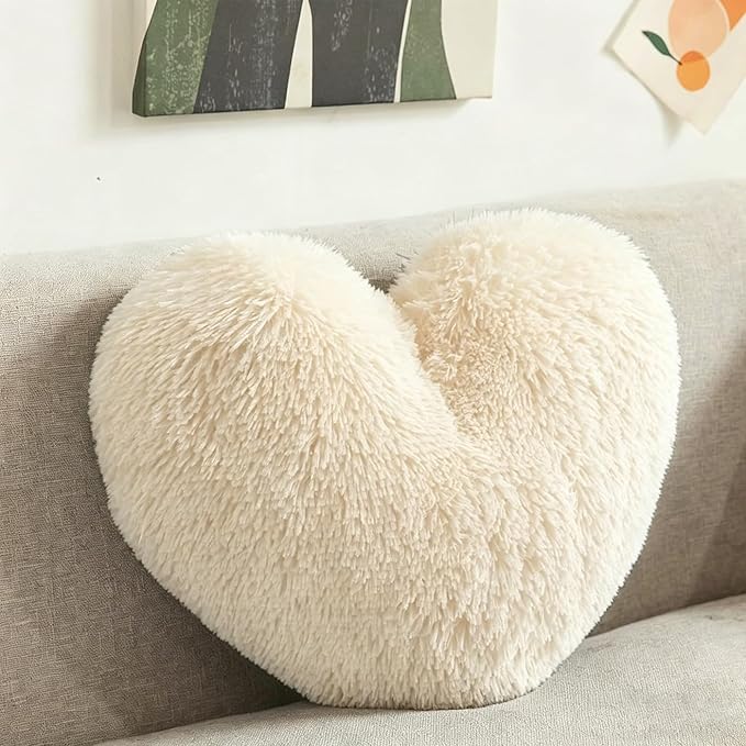MorroMorn Fluffy Heart Throw Pillows, Shaggy Decorative Pillow for Sofa Couch Bed, Cute Room Decor Decorations for Women Girls Kids (Khaki)