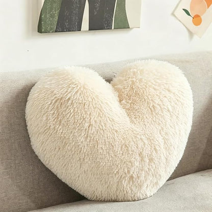 MorroMorn Fluffy Heart Throw Pillows, Shaggy Decorative Pillow for Sofa Couch Bed, Cute Room Decor Decorations for Women Girls Kids (Khaki)