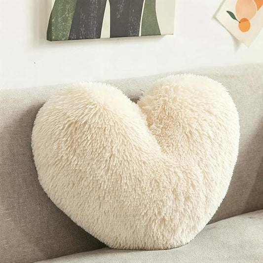 MorroMorn Fluffy Heart Throw Pillows, Shaggy Decorative Pillow for Sofa Couch Bed, Cute Room Decor Decorations for Women Girls Kids (Khaki)