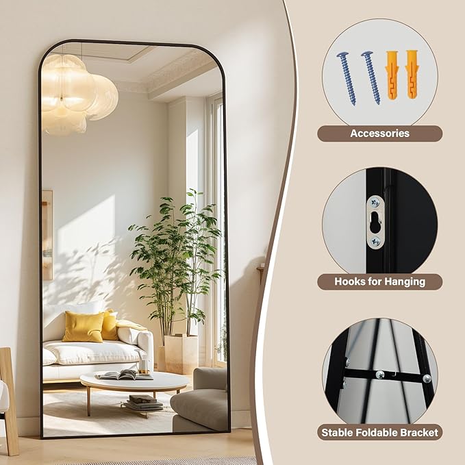 XRAMFY 77x38 Inch Floor Length Mirror with Stand, Full Length Standing Mirror for Bedroom, Full Body Tall Mirrors with Modern Aluminum Alloy Frame in Black, Home Decor