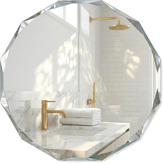 Frameless Round Bathroom Mirror 24x24 Inch with Beveled Edge, Modern Vanity Wall Mirror