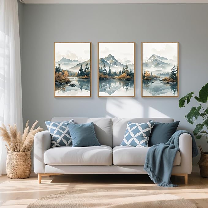 HLNIUC Large White Mountain Wall Art Framed, Snowy Green Forest Decor Set of 3 (16"x24"), Watercolor Winter Misty Nature Prints, Foggy Lake Landscape Canvas Painting for Living Room, Bedroom, Office
