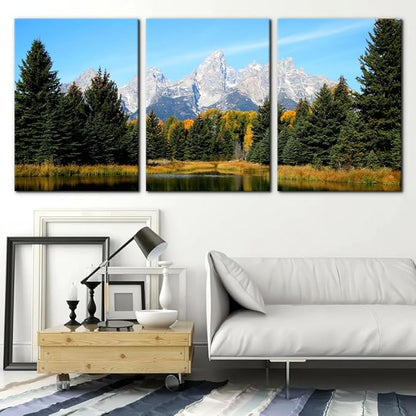 Pacimo 3 Pieces Canvas Art Wall Decor Grand Teton National Park Pictures Natural Landscape Painting Pond Prints on Canvas Modern Artwork Stretched and Framed Ready to Hang - 20"x28"x3 Panels