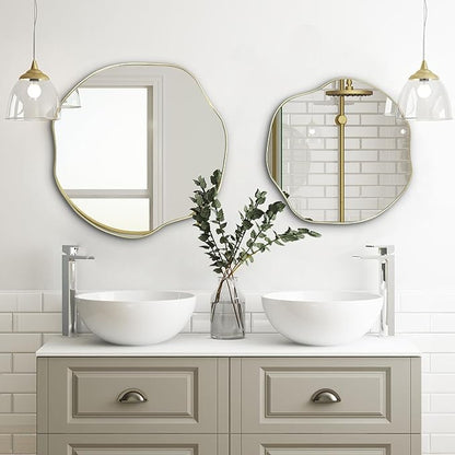 POZINO Gold Irregular Mirror, 20" Asymmetrical Wall Mirror, Scalloped Rounded Mirrors, Modern Frameless Abstract Mirrors for Living Room Bedroom Bathroom Entryway Hallway Fireplace