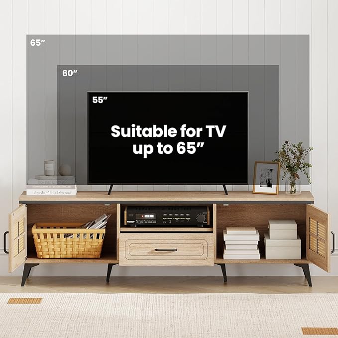 Giantex TV Stand for 60/65 Inch TV, Boho Entertainment Center with Storage Cabinets, Drawer and Rattan Doors, Wooden Media TV Console Table for Living Room, Bedroom, Entryway