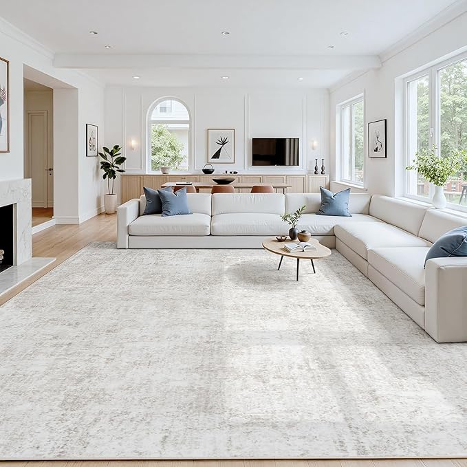 Area Rug 6x9 Living Room Rug Washable: No-Slip Abstract Soft Thin Large Light Brown Off-White Rugs, Indoor Floor Stain Resistant Modern Carpet for Bedroom Dining Room Farmhouse Nursery Home Office