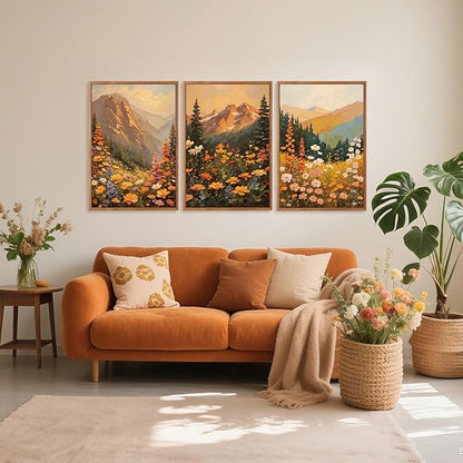 Aurlan Boho Mountain Sunset Landscape Framed Wall Art(16"x24"), 3PCS Large Wildflowers Meadow Canvas Artwork, Colorful Abstract Watercolor Nature Forest Scenery Decor for Home Office Bedroom