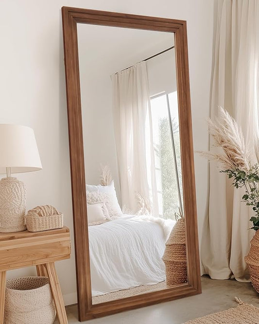 Full Length Mirror, 71"x32" Wooden Mirror Full Length with Stand Wood Floor Mirror, Oversized Stand Up Mirrors Large Wall Mirrors, Wall Mounted Mirrors, Rect Wood Style, Brown