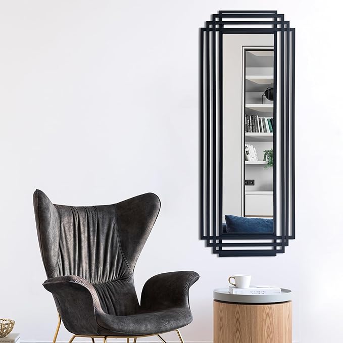 Geometric Wall Mirror, 42"x16" Art Deco Mirror wirh Black Metal Frame, Modern Rectangle Aesthetic Mirrors for Living Room Bedroom Entryway Hallway, Hangs Vertically or Horizontally
