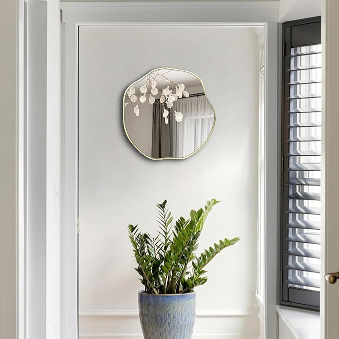 POZINO Irregular Shaped Mirror, 16" Asymmetrical Mirror, Gold Scalloped Rounded Mirrors, Modern Frameless Abstract Mirrors for Living Room Bedroom Bathroom Entryway Fireplace Hallway