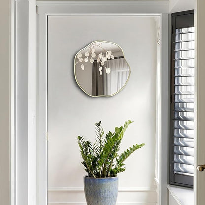 POZINO Irregular Shaped Mirror, 16" Asymmetrical Mirror, Gold Scalloped Rounded Mirrors, Modern Frameless Abstract Mirrors for Living Room Bedroom Bathroom Entryway Fireplace Hallway