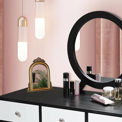 OIGUMR Smaller Vintage Gold Ornate Baroque Mirror Vanity Desk Table Mirror Arched Makeup Mirror with Resin Frame 9.6X6.5 inch