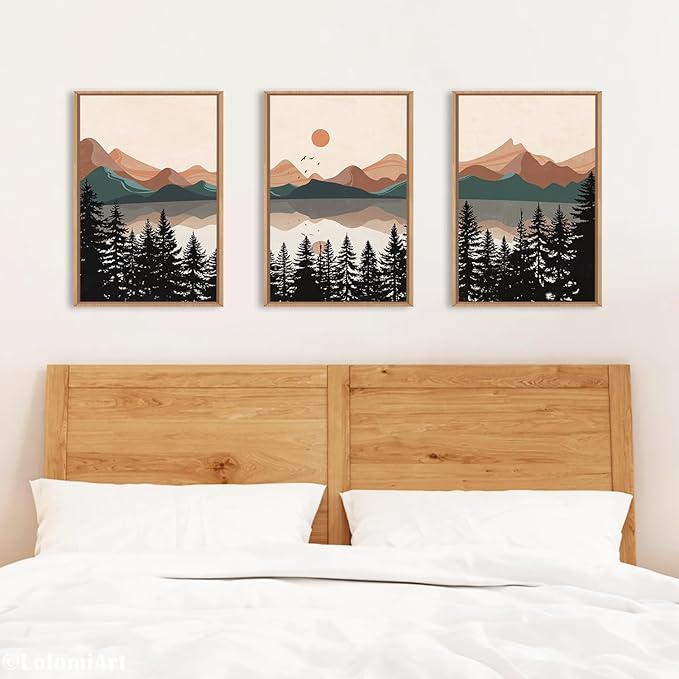 KAIRNE Vintage Mountain Lake Framed Canvas Wall Art Set, Mid Century Forest Wall Decor, Nature Pine Tree Art Prints, Modern Boho Sunset Artwork for Living Room,Bedroom,Farmhouse,Office-24 x36 x3
