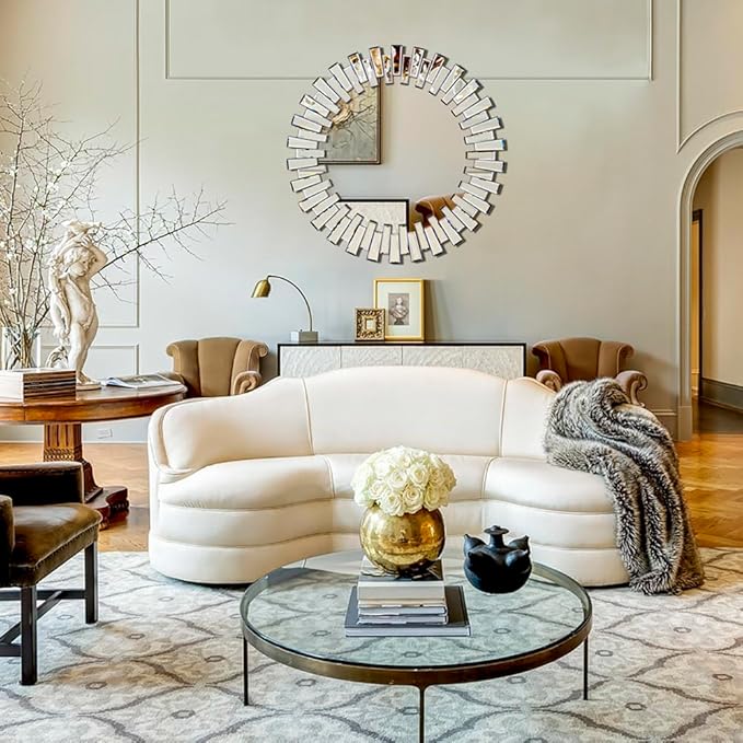 Chende Modern Decorative Round Mirror, 36'' x 36'' with Beveled Glass Frame, for Living Room, Entryway, Dining Room