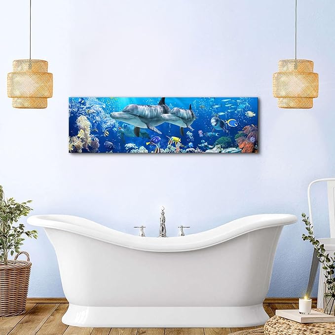 Ocean Dolphin Wall Art for Bathroom Nautical Theme Picture Photo Coastal Room Decor Nature Blue Seascape Painting Prints Under The Sea World Landscape Poster Artwork Living Room Home Decoration 14x48"