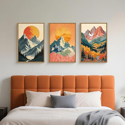 HPNIUB Boho Sunrise Mountain Framed Wall Art Set,Modern Abstract Forest Wall Decor,Colorful Sun Scenery Nature Woodland Printing,Grassland River Artwork for Living Room, Bedroom,Office-16''x24''x3