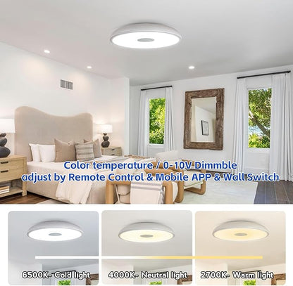 Smart Waterproof LED Flush Mount Ceiling Light Fixture,11 inch 18W,with Bluetooth Speaker,RGB Color Changing Function- Dimmable Lamp,Tuya Application Control-Compatible with Alexa Google Home
