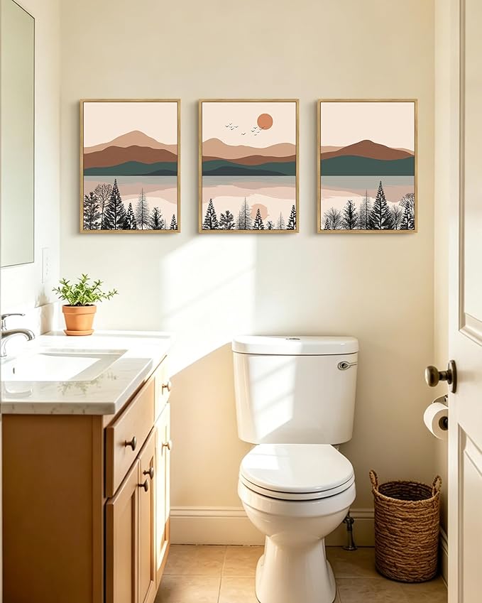 PHOPAGO Mountain Laker Landscape Framed Wall Art Boho Nature Artwork Paints Bohemain Farmhouse Rustic Living Room Bedroom Decor - 12x16in Natural Framed