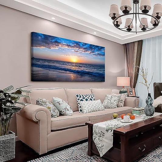 Wapluam Large Canvas Wall Art Sunset Beach Painting Picture Print on Canvas Framed Wall Art for Living Room Wall Decor for Bedroom Modern Coastal Landscape Room Decorations Artwork 60x30 Ready to Hang