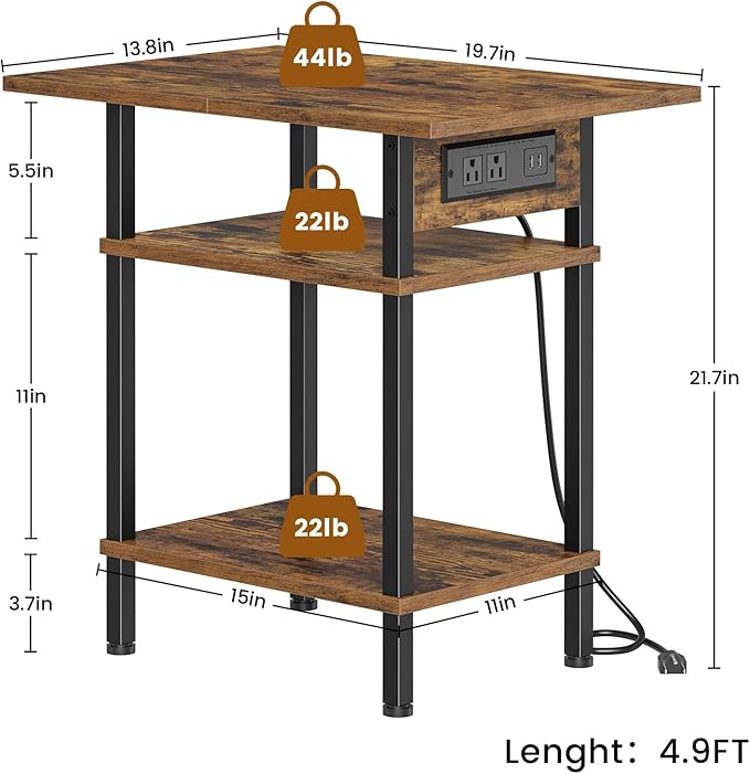 Asgolion Side Table with Charging Station, Skinny Nightstand with USB Ports and Outlets, 3 Tier Narrow End Table with Storage for Bedroom, Living Room, Office, Rustic Brown and Black