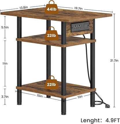 Asgolion Side Table with Charging Station, Skinny Nightstand with USB Ports and Outlets, 3 Tier Narrow End Table with Storage for Bedroom, Living Room, Office, Rustic Brown and Black