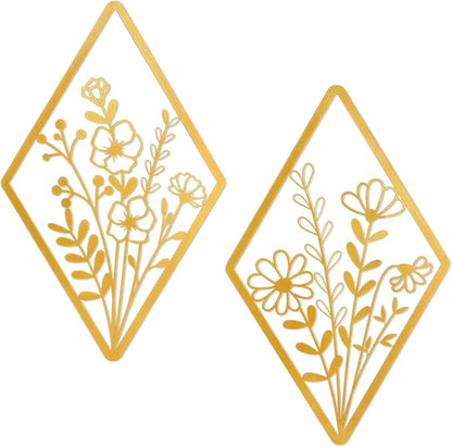 PullCrease 2 Pcs Metal Wall Art, Metal Flower Wall Decor, Modern Floral Art for Living Room, Bedroom, Bathroom, Rustic Farmhouse Decor, Sculpture Kitchen Decoration(Gold)