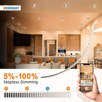 VOLISUN 24 Pack 4 inch Recessed Lighting, 5CCT LED Recessed Light Black, 2700K-5000K Selectable, 9.5W Eqv 80W, 810LM Dimmable Canless Wafer Downlight, LED Ceiling Light ETL Certificated