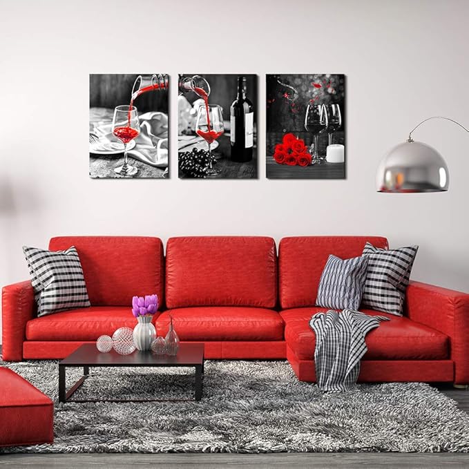 Kitchen Wall Art for dining room Wall Decor Still life Black and white Canvas art Prints Wine barrel bar Red rose painting modern family wall decorations restaurant bedroom Decor Artwork 3 piece set