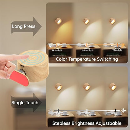 AKSDA 3Pack Battery Operated Wall Sconce, 3 Color Modes 3 Brightness Levels 360°Rotation Lighting Timer Touch & Remote Control, Wall Mounted Lamp LED Wall Lights for Bedroom Reading Bedside (Wood)