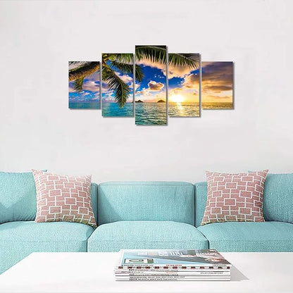 EPHANY Modern 5 Piece Framed Giclee Canvas Prints Art - Blue Beach Landscape Blue Paintings on Canvas Wall Art Wall Art Canvas Print Frame Picture Painting for Room Home Decorations