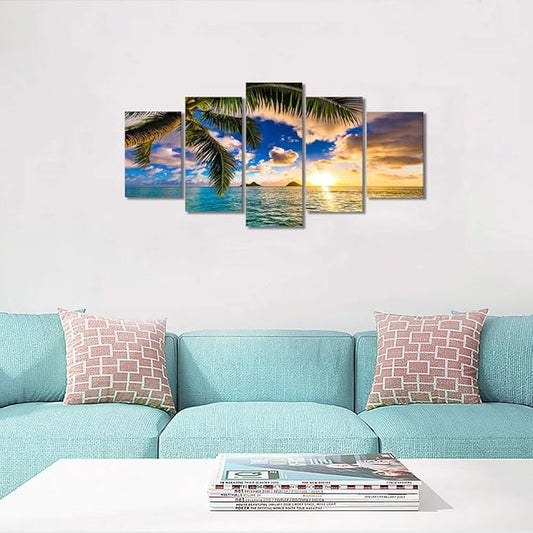 EPHANY Modern 5 Piece Framed Giclee Canvas Prints Art - Blue Beach Landscape Blue Paintings on Canvas Wall Art Wall Art Canvas Print Frame Picture Painting for Room Home Decorations
