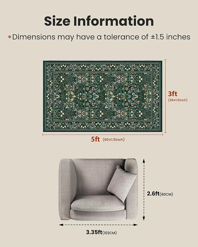 AMADA HOMEFURNISHING 3x5 Entryway Rug Indoor, Non-Slip & Low-Profile Area Rugs with Durable Edge Binding, Floral Pattern, Soft Washable Rug for Bedroom, Entryway and Kitchen