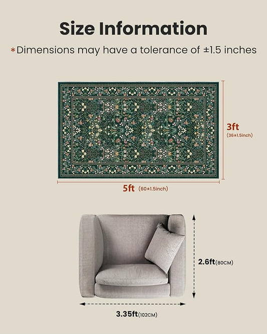 AMADA HOMEFURNISHING 3x5 Entryway Rug Indoor, Non-Slip & Low-Profile Area Rugs with Durable Edge Binding, Floral Pattern, Soft Washable Rug for Bedroom, Entryway and Kitchen