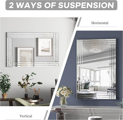 Decorative Wall Mirror 36"x24" Rectangle Silver Modern Mirror Frameless Vanity Mirror for Bathroom Bedroom Living Room Dining Room