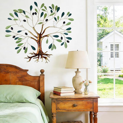 Fangoo Metal Green Olive Tree Metal Wall Art Tree of Life Home Decor with Dove of Peace 22 x 26 Large Olive Branches Lifelike Fruits Wall Hanging for Living Bedroom Garden Porch Office Wall Decor