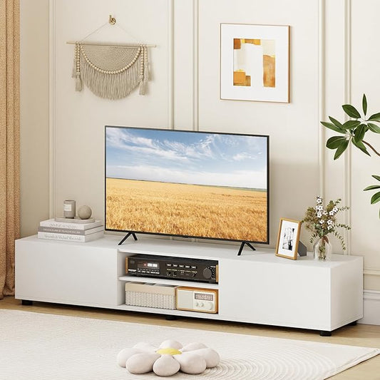 Tangkula Modern TV Stand for up to 70” TVs, 63”L Minimalist Entertainment Center w/ 2 Doors & Open Shelves, Media Console Table Storage Cabinet with 6 Support Feet for Living Room (White, 63”L)