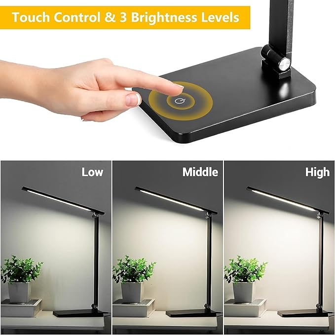 LED Desk Lamp for Home Office, 3 Levels Dimmable Desk Light with USB Charging Port, Small Study Lamp, Reading Light for Table, Black, 5000K
