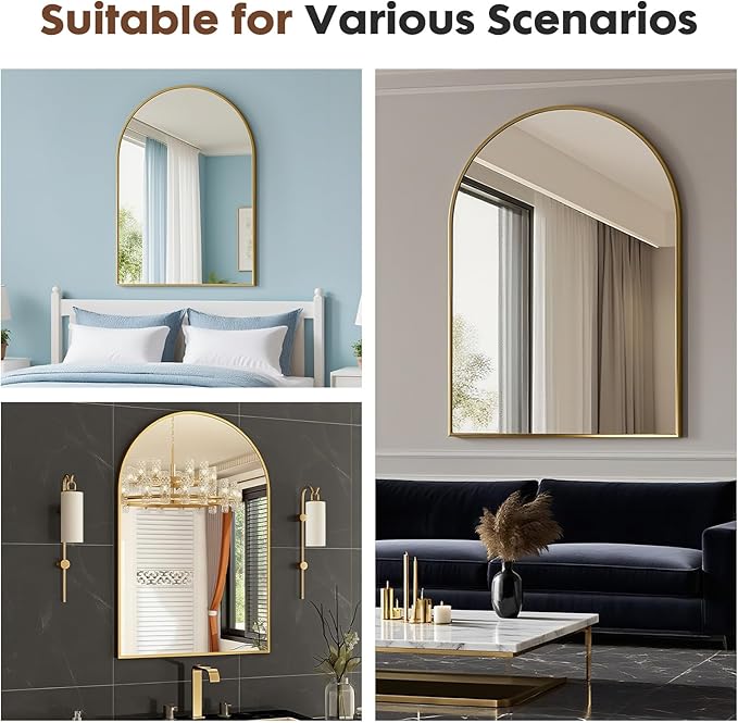 Dewfig Arched Wall-Mounted Mirror, 26"x38" Arch Bathroom Mirror, Gold Vanity Mirror for Wall Décor, Wall Mirror with Metal Frame for Bedroom, Entryway, Living Room, Brushed Gold