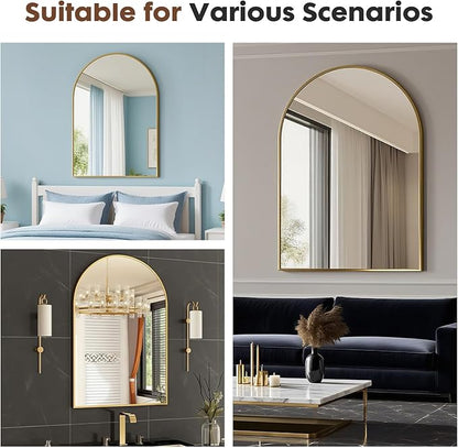 Dewfig Arched Wall-Mounted Mirror, 26"x38" Arch Bathroom Mirror, Gold Vanity Mirror for Wall Décor, Wall Mirror with Metal Frame for Bedroom, Entryway, Living Room, Brushed Gold