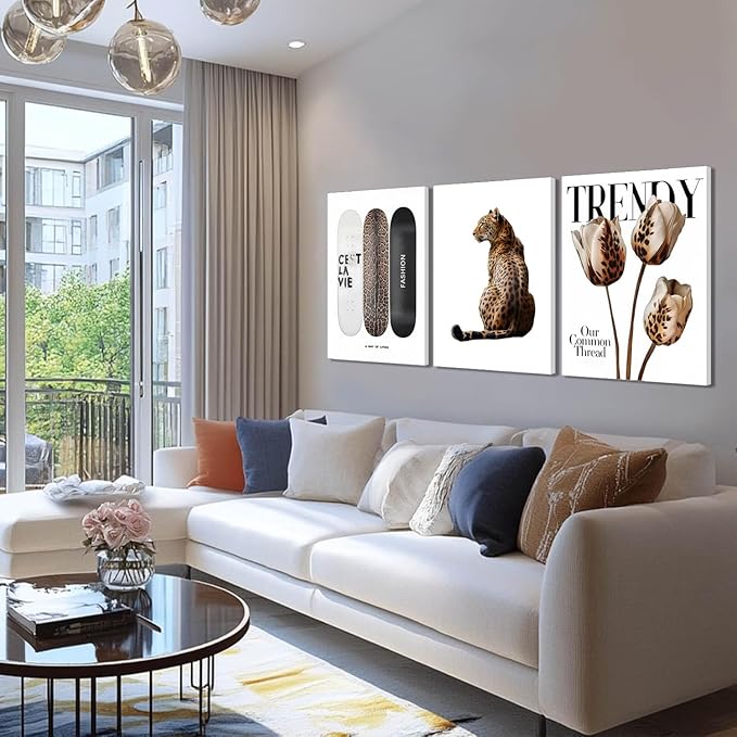 Trendy Leopard Canvas Wall Art Set of 3 Cheetah Printed Preppy Fashion Skateboard Wall Decor Preppy Room Aesthetic posters Prints for Girls Bedroom Apartment Dorm 16x24in Framed Decoration