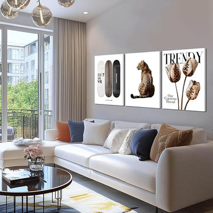 Trendy Leopard Canvas Wall Art Set of 3 Cheetah Printed Preppy Fashion Skateboard Wall Decor Preppy Room Aesthetic posters Prints for Girls Bedroom Apartment Dorm 16x24in Framed Decoration
