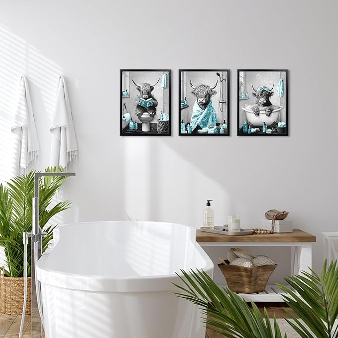 sechars Highland Cow Bathroom Wall Art 3 Piece Funny Bathroom Pictures Canvas Print Grey and Teal Decor (Teal)