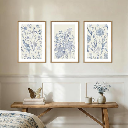 KAIRNE Navy Blue and White Floral Framed Canvas Wall Art Set,Chinoiserie Flower Wall Decor,Watercolor Botanical Art Prints,Modern Wildflower Artwork for Living Room,Bedroom,Farmhouse,Office-24 x36 x3