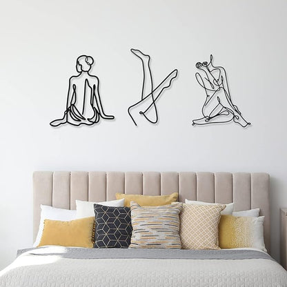 Photect 3 Pcs Metal Wall Art Decor Minimalist Abstract Woman Wall Art Metal Modern Line Drawing Decor Female Single Line Home Hanging for Bedroom Bathroom Living Room Housewarming(Fresh,Black)