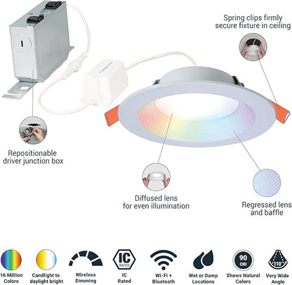 HALO 6 inch Smart Wi-Fi Recessed Canless LED Downlight 4-Pack, Connected by WiZ Pro with SpaceSense Motion Detection, Tunable White, 16M+ Colors WiZ App Control, Wet Rated, Dimmable - RLWZC612-4PK