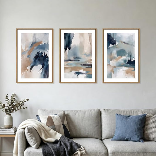 KAIRNE Blue Abstract Neutral Framed Canvas Wall Art Set, Navy Abstract Wall Decor, Watercolor Blue and Brown Wall Painting, Modern Textured Art Prints for Living Room, Bedroom, Office-24 x36 x3