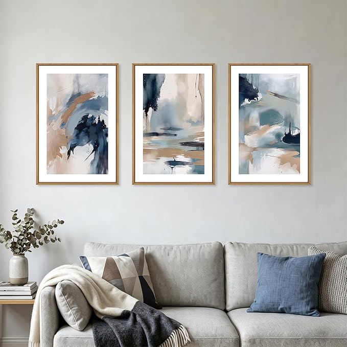 KAIRNE Blue Abstract Neutral Framed Canvas Wall Art Set, Navy Abstract Wall Decor, Watercolor Blue and Brown Wall Painting, Modern Textured Art Prints for Living Room, Bedroom, Office-16 x24 x3